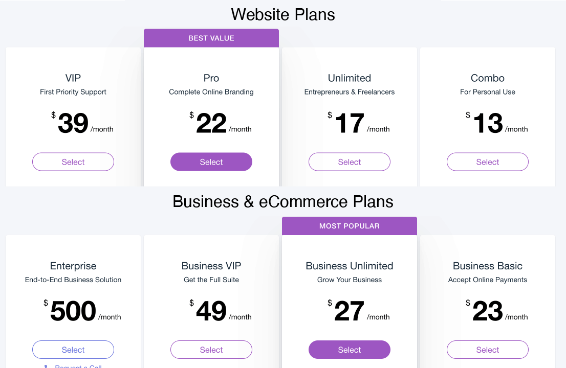 wix pricing plans example
