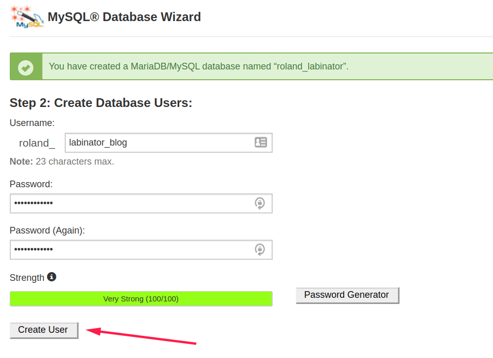 Creating a Database User in My SQL Database Wizard