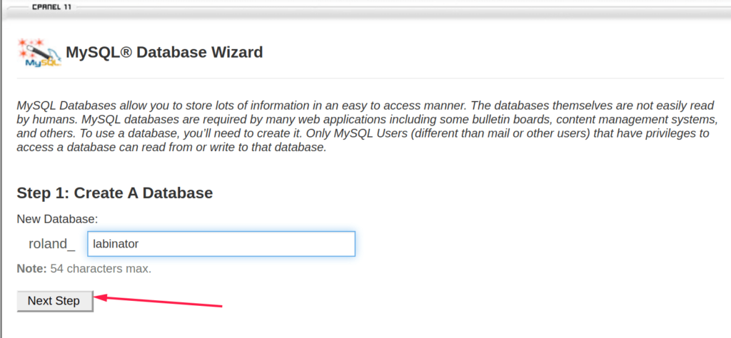 Creating a Database via MY SQL Database Wizard