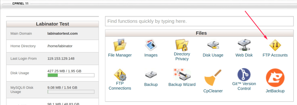 FTP Accounts section in cPanel