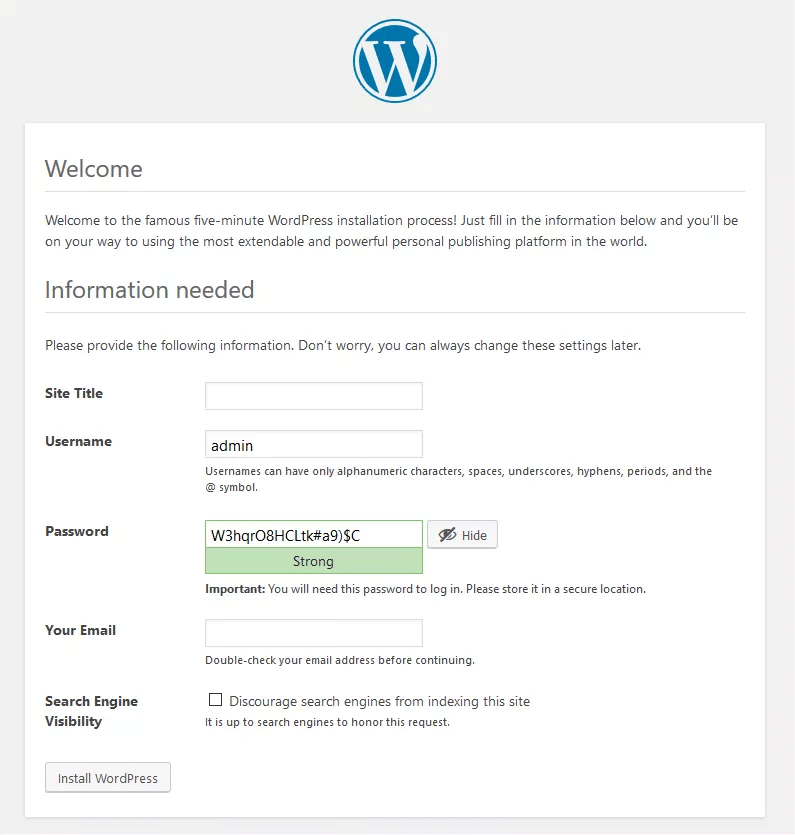 Welcome Screen of WordPress when it's installed