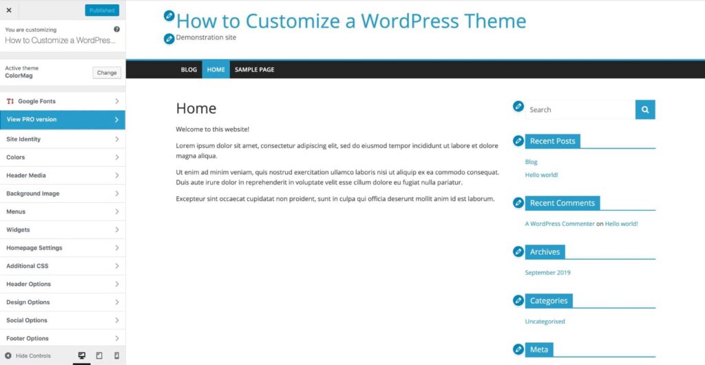 WordPress Customizer Theme Editor