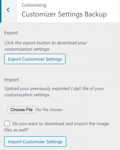 customizer settings backup plugin page